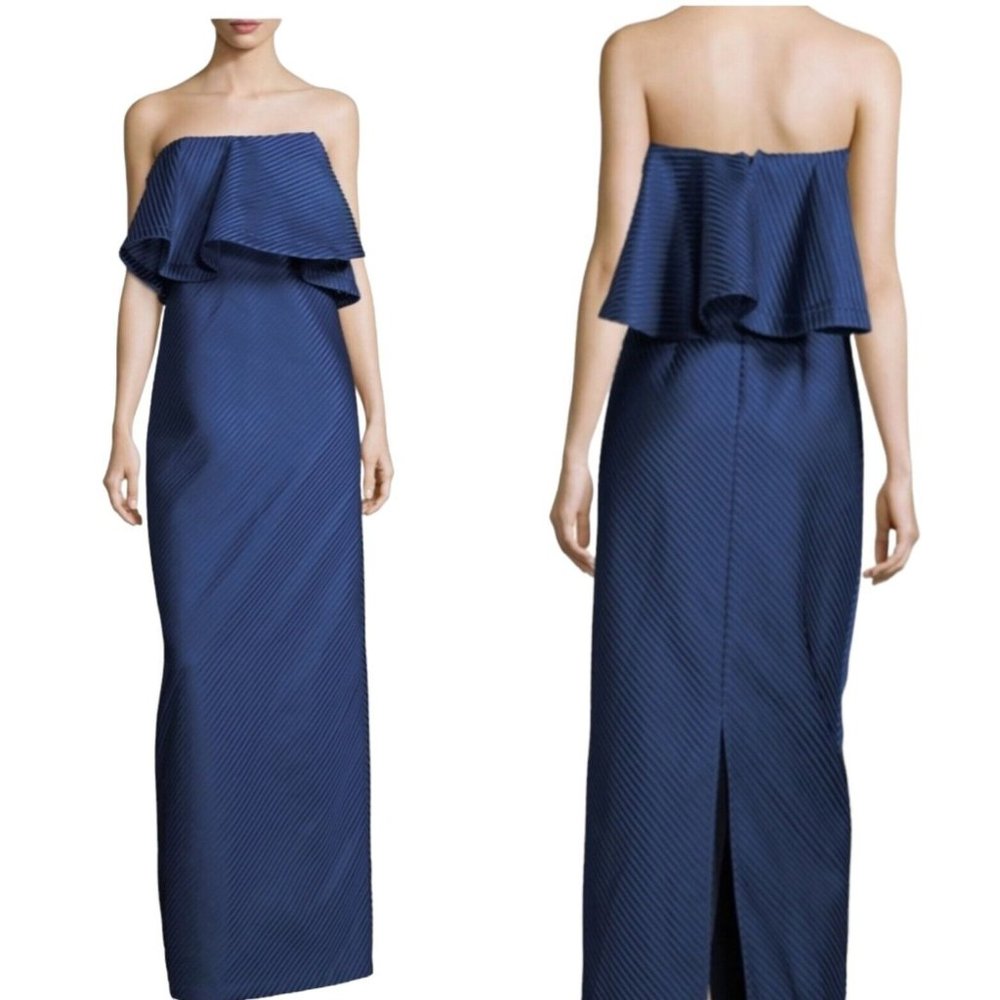 Halston Heritage Size 4 Strapless Flounce Mesh Gown Royal Blue Formal Dress Long